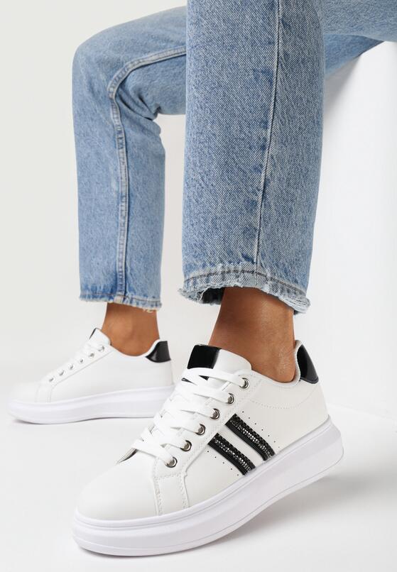 Biało-Czarne Sneakersy na Grubej Podeszwie z Błyszczącymi Detalami z Cyrkoniami Elysiena 2