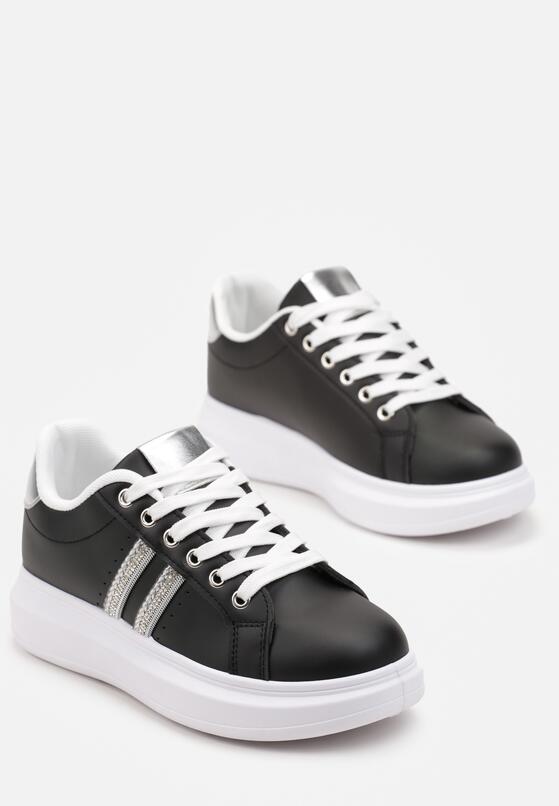 Czarne Sneakersy na Grubej Podeszwie z Błyszczącymi Detalami z Cyrkoniami Elysiena 4