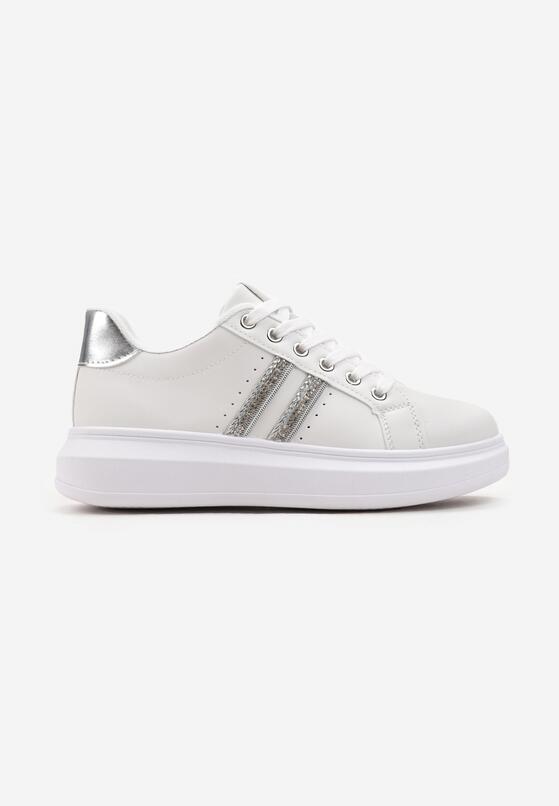 Biało-Srebrne Sneakersy na Grubej Podeszwie z Błyszczącymi Detalami z Cyrkoniami Elysiena 3