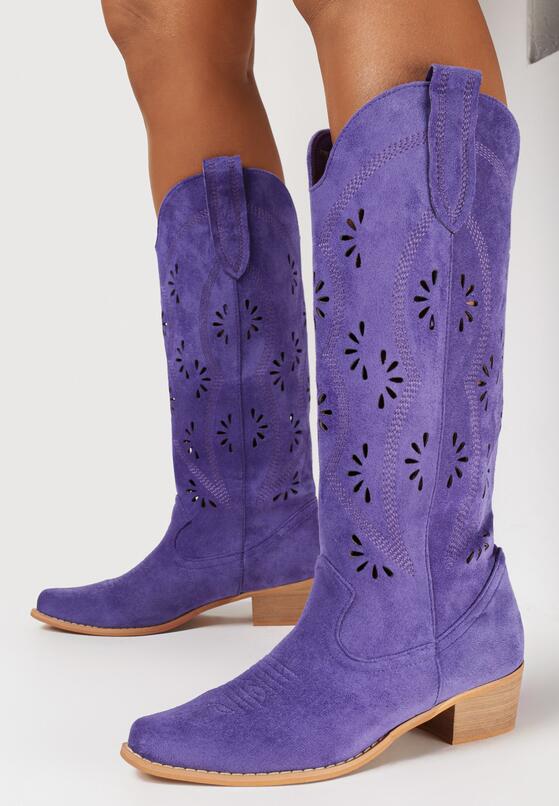 Fioletowe Kozaki Kowbojki z Ekozamszu z Ozdobnym Ażurowym Wzorem Bonucci 1