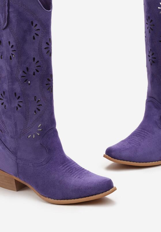 Fioletowe Kozaki Kowbojki z Ekozamszu z Ozdobnym Ażurowym Wzorem Bonucci 5