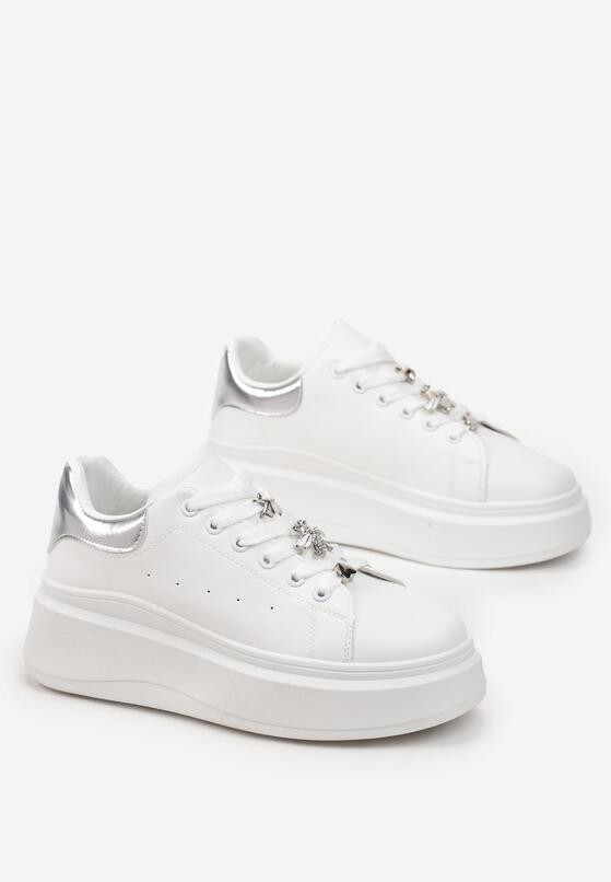 Biało-Srebrne Sznurowane Sneakersy na Grubej Podeszwie Ozdobione Metalicznymi Wstawkami Abista 4