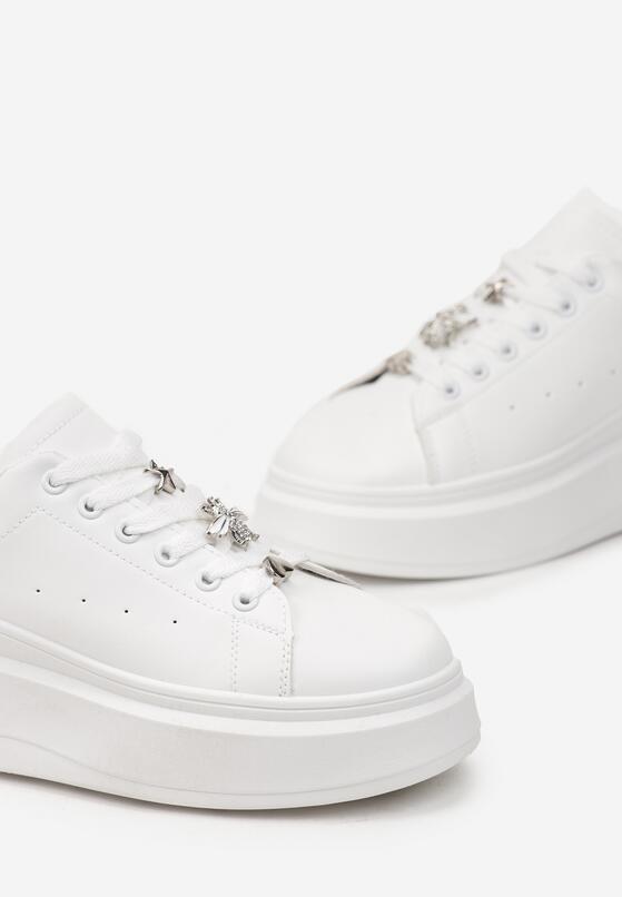 Biało-Srebrne Sznurowane Sneakersy na Grubej Podeszwie Ozdobione Metalicznymi Wstawkami Abista 5