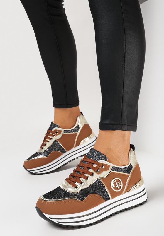 Brązowe Sneakersy Ozdobione Brokatem i Logo Loppera 1
