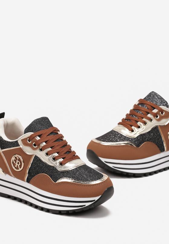 Brązowe Sneakersy Ozdobione Brokatem i Logo Loppera 5