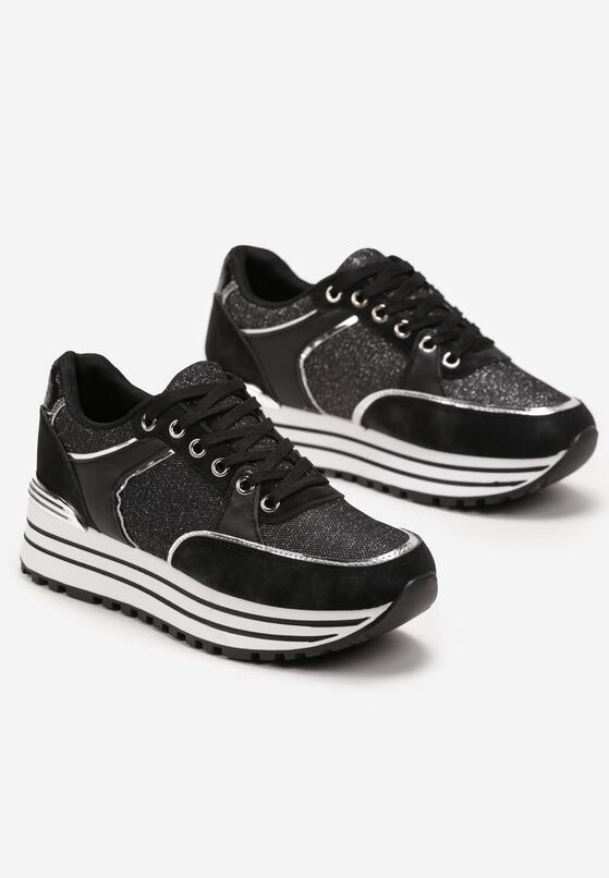 Czarne Sneakersy z Materiałowymi Wstawkami i Brokatem Jutofa 4