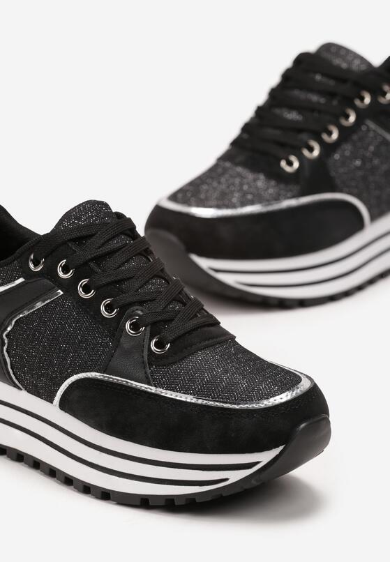 Czarne Sneakersy z Materiałowymi Wstawkami i Brokatem Jutofa 5