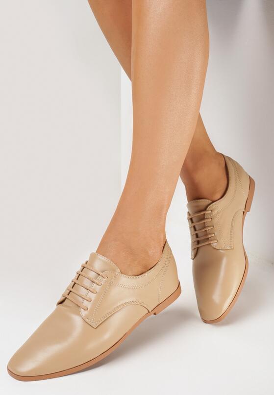 Ciemnobeżowe Półbuty z Ekoskóry na Płaskiej Podeszwie ze Sznurowaniem Leggiera 1