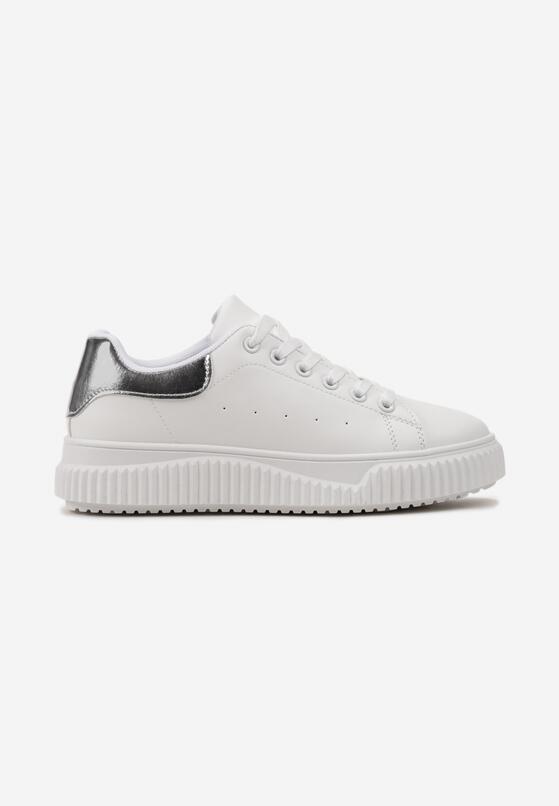Biało-Srebrne Sneakersy ze Żłobieniami na Płaskiej Podeszwie z Metaliczną Wstawką Granuse 3