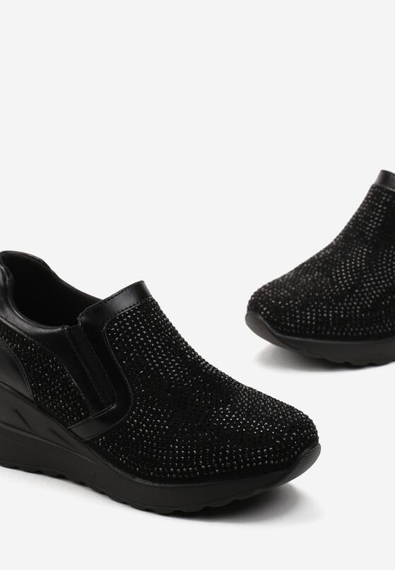 Czarne Wsuwane Sneakersy na Koturnie Ozdobione Cyrkoniami Leavir 5