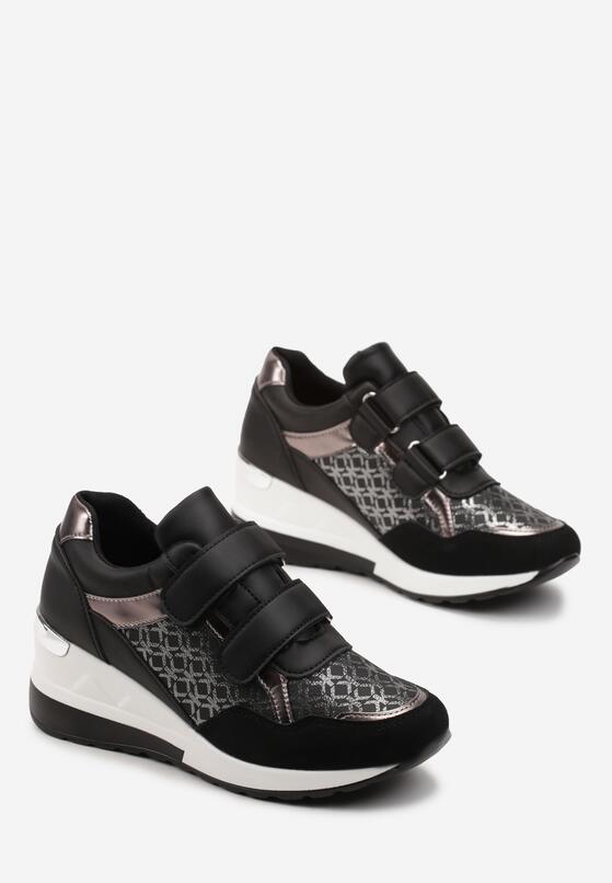 Czarne Sneakersy na Rzepy na Niskim Koturnie Cratessa 4