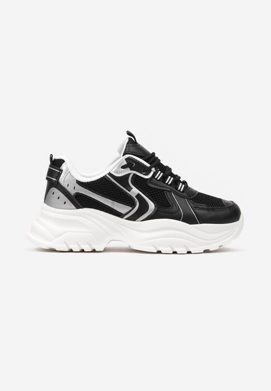 Czarne Sneakersy ze Wstawkami z Metalicznej Ekoskóry i Ozdobnymi Przeszyciami Mirael 3
