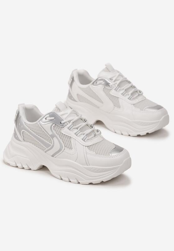 Białe Sneakersy ze Wstawkami z Metalicznej Ekoskóry i Ozdobnymi Przeszyciami Mirael 4