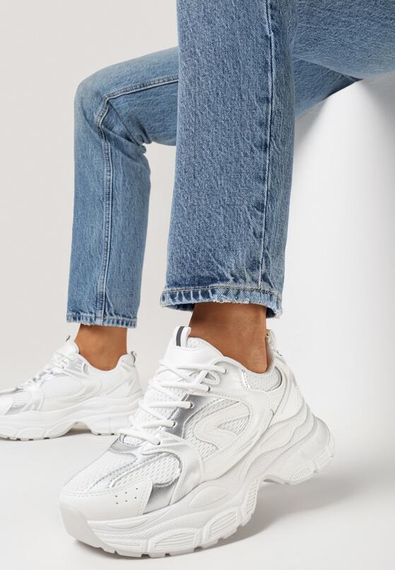 Biało-Srebrne Sneakersy na Platformie z Siateczkową Wstawką Huvia 1
