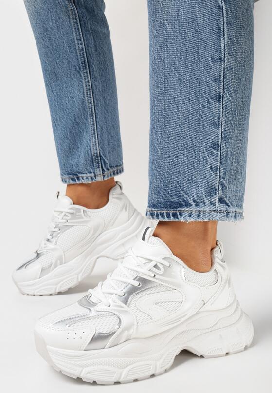 Biało-Srebrne Sneakersy na Platformie z Siateczkową Wstawką Huvia 2