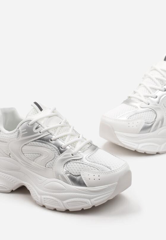 Biało-Srebrne Sneakersy na Platformie z Siateczkową Wstawką Huvia 5