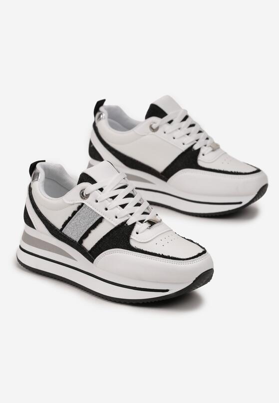 Biało-Czarne Sneakersy na Grubej Podeszwie z Materiałowymi Wstawkami i Brokatem Omifa 4