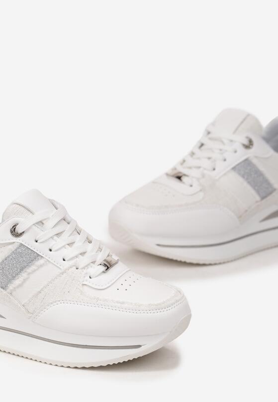 Biało-Srebrne Sneakersy na Grubej Podeszwie z Materiałowymi Wstawkami i Brokatem Omifa 5