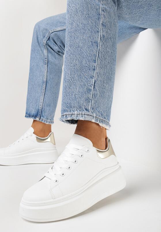 Biało-Złote Gładkie Sneakersy z Ekoskóry na Grubej Podeszwie ze Sznurowaniem Avara 1
