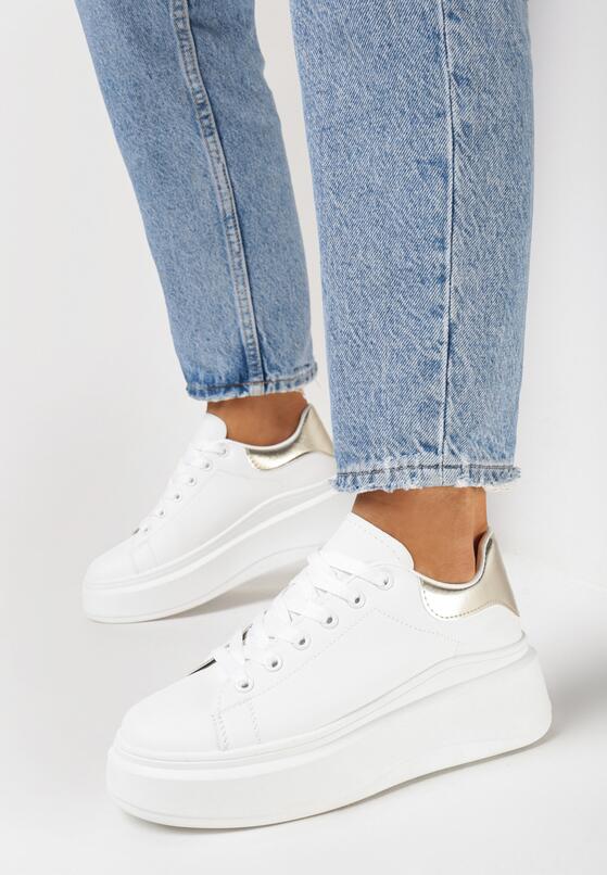 Biało-Złote Gładkie Sneakersy z Ekoskóry na Grubej Podeszwie ze Sznurowaniem Avara 2