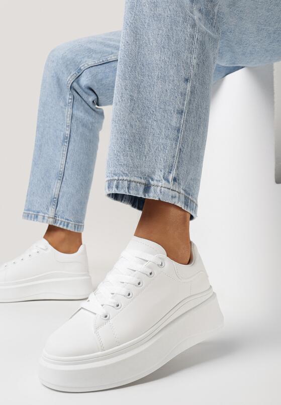 Białe Gładkie Sneakersy z Ekoskóry na Grubej Podeszwie ze Sznurowaniem Avara 1