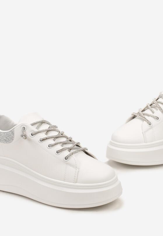 Biało-Srebrne Sneakersy z Brokatem i Biżuteryjnymi Sznurowadłami Nilirea 5