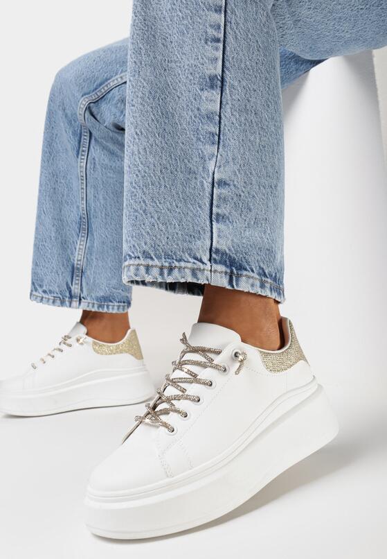 Biało-Złote Sneakersy z Brokatem i Biżuteryjnymi Sznurowadłami Nilirea 1