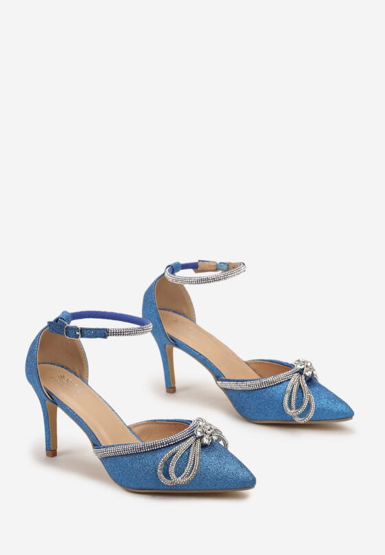 Niebieskie Eleganckie Sandały na Szpilce z Kokardą z Cyrkonii Lelomia