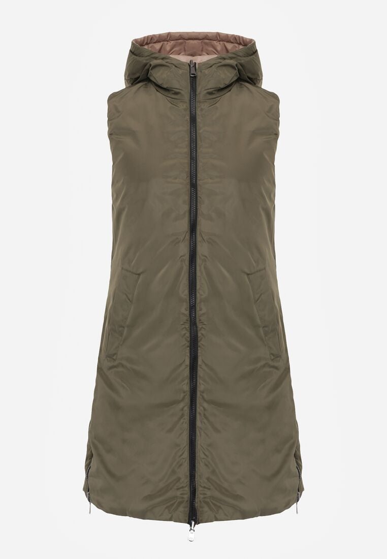 Beżowa  Pikowana Kamizelka Dwustronna z Kapturem i Sznurkami Leorani 8