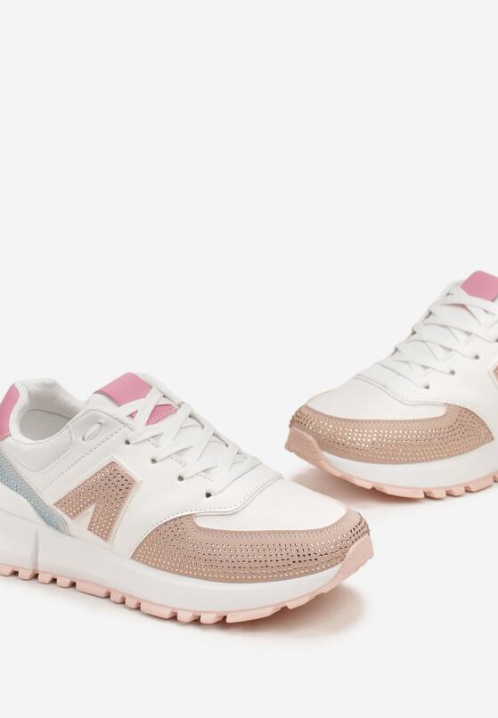 Biało-Beżowe Sneakersy na Płaskiej Podeszwie z Wycięciami i Cyrkoniami Leporia 5