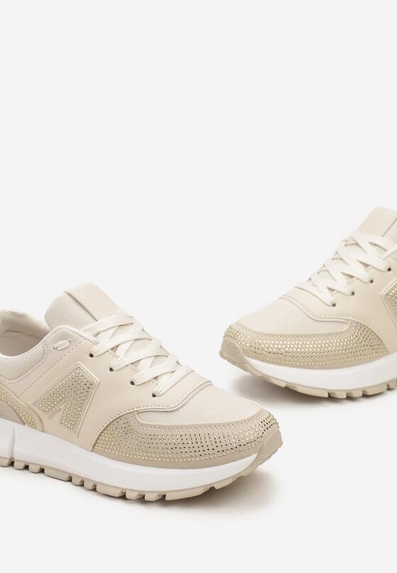 Beżowe Sneakersy na Płaskiej Podeszwie z Wycięciami i Cyrkoniami Leporia 5