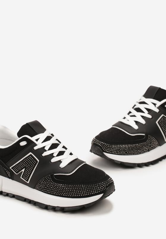 Czarne Sneakersy na Płaskiej Podeszwie z Wycięciami i Cyrkoniami Leporia 5