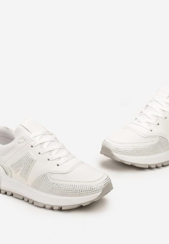 Białe Sneakersy na Płaskiej Podeszwie z Wycięciami i Cyrkoniami Leporia 5