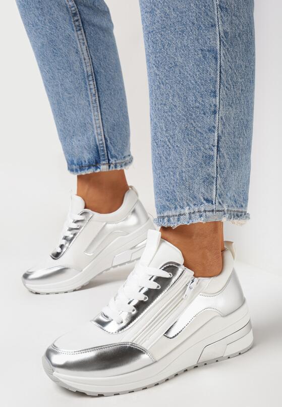 Biało-Srebrne Sznurowane Sneakersy na Grubej Podeszwie z Błyszczącymi Wstawkami i Suwakiem Revilinsa 2
