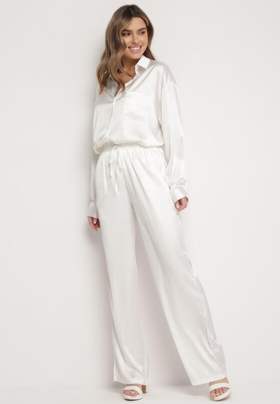 Białe Szerokie Spodnie z Metalicznym Wzorem w Cienkie Paski Kleriame
