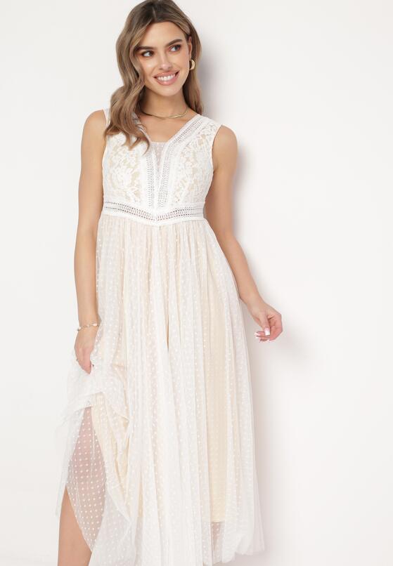 Biała Rozkloszowana Sukienka Maxi z Koronkową Górą i Tiulowym Dołem Gelivia
