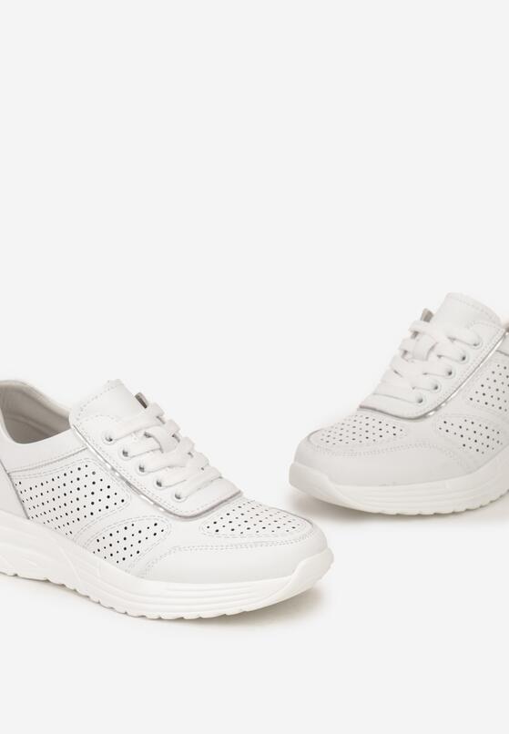 Białe Buty Sportowe ze Skóry z Perforacją i Metaliczną Wstawką Erwia 5