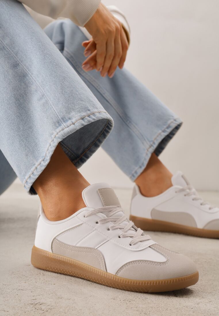 Biało-Szare Sneakersy przed Kostkę z Ozdobnymi Przeszyciami Erdafa 2