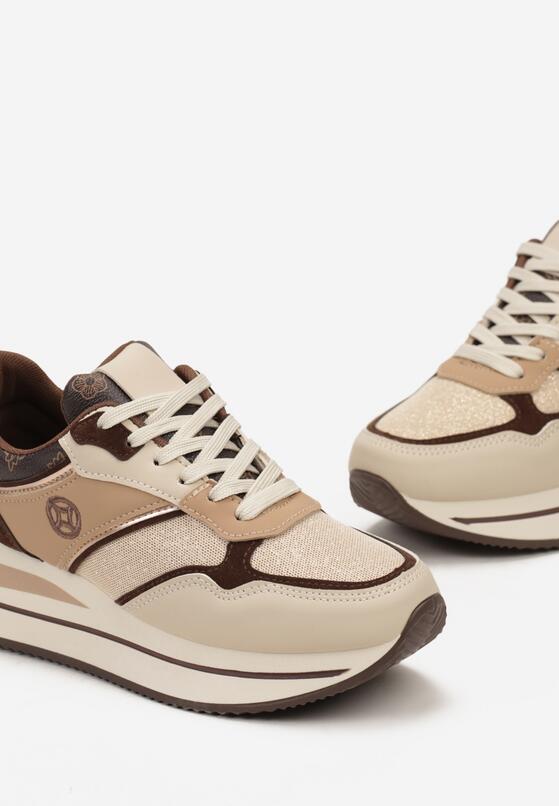 Ciemnobeżowe Sneakersy z Przeszyciami na Grubej Podeszwie z Brokatem Nigelda 5