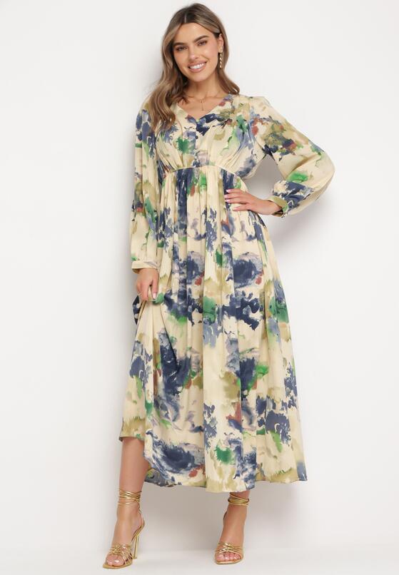 Beżowo-Zielona Maxi Rozkloszowana z Guzikami w Abstrakcyjny Print Falitta 1