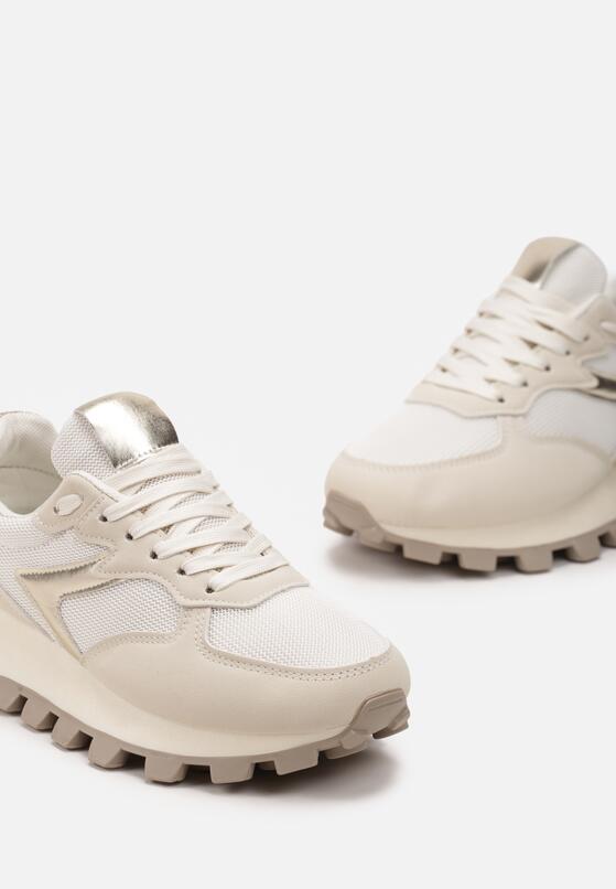 Beżowe Sneakersy na Grubej Podeszwie z Siateczką i Brokatem Sufisa 5