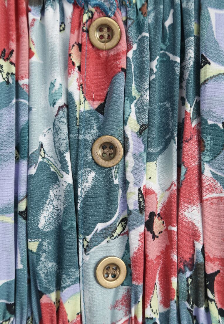 Zielono-Niebieska Wiskozowa Sukienka Midi z Falbanką i Kwiatowym Wzorem Exordia 8