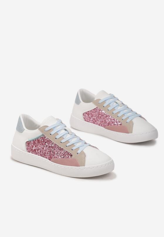 Biało-Różowe Kolorowe Sneakersy z Brokatową Wstawką i Sznurowaniem Livora