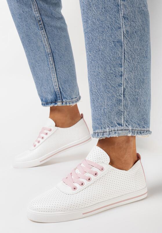 Biało-Różowe Tenisówki na Płaskiej Podeszwie z Dziurkami z Ozdobną Taśmą na Tyle Linrai 2