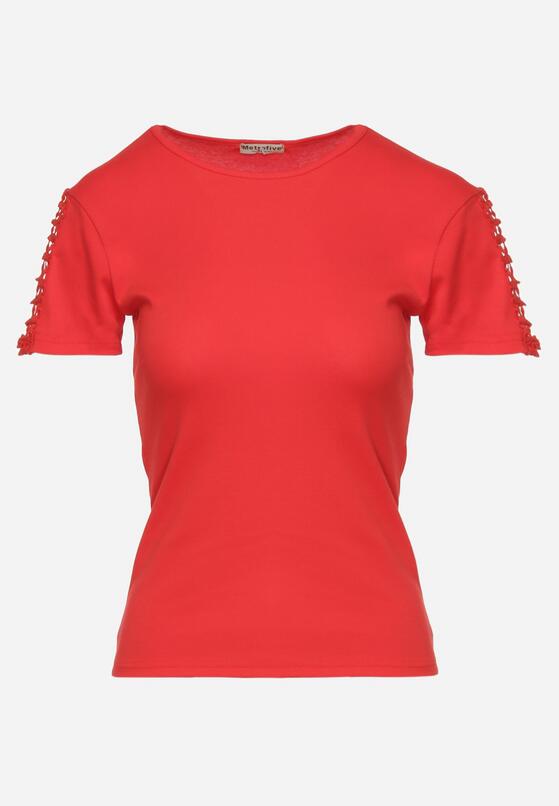 Czerwony Bawełniany T-shirt z Ażurową Wstawką Elvinna 6