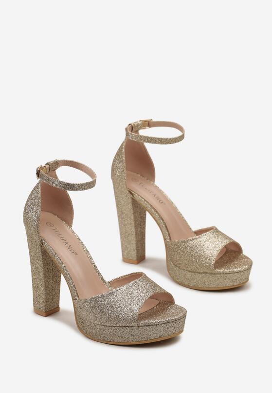Złote Brokatowe Sandały na Słupku i Platformie Tenlitta 4