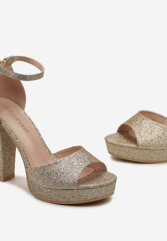 Złote Brokatowe Sandały na Słupku i Platformie Tenlitta 5