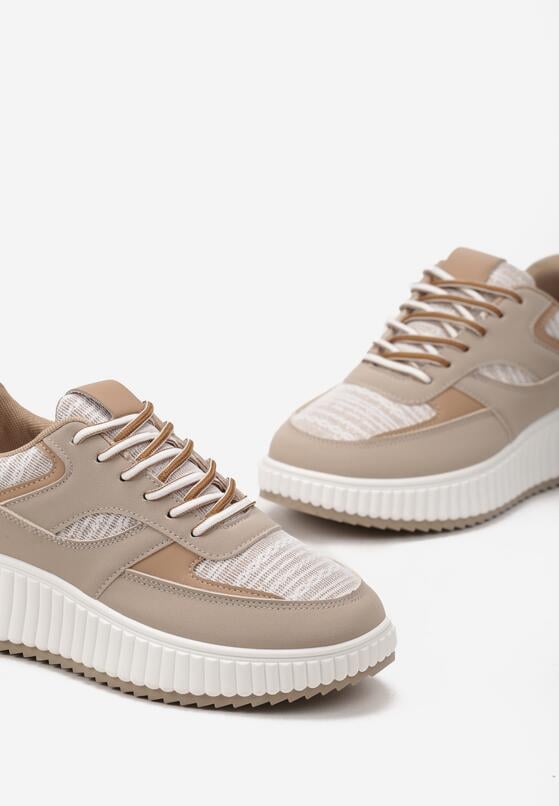 Ciemnobeżowe Sneakersy na Grubej Podeszwie Ozdobione Brokatem Evllina 5