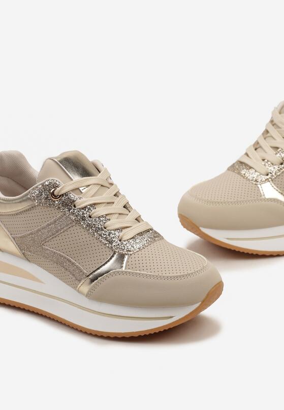 Beżowe Sneakersy na Grubej Podeszwie z Błyszczącymi Wstawkami i Sznurowaniem Lirevasa 5