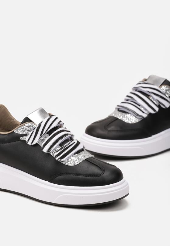 Czarne Sneakersy z Rzepami z Brokatową i Metaliczną Wstawką Faena 5